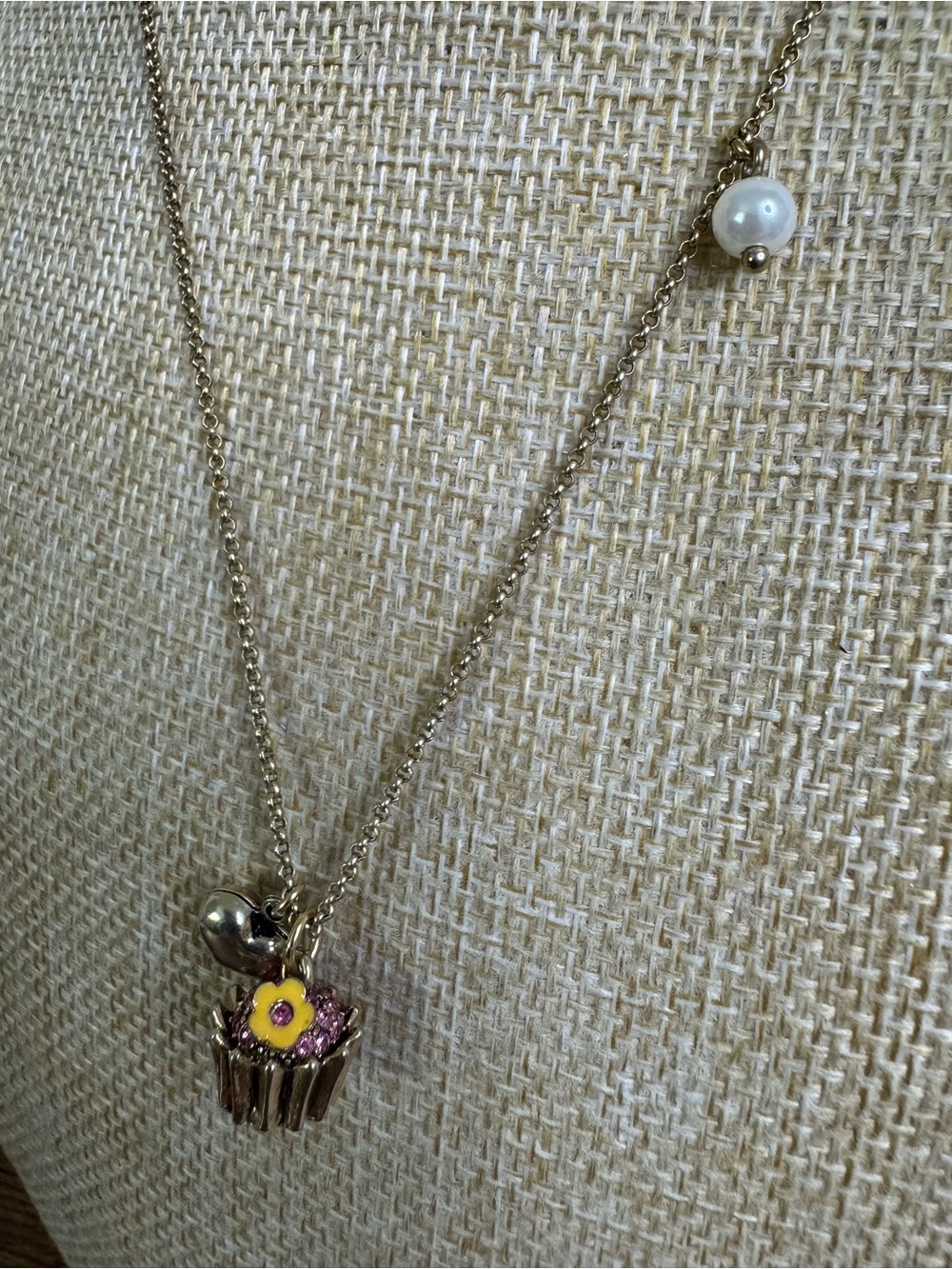 Betsey Johnson Gold-Tone Necklace with Cupcake Charm and Pink & Yellow Enamel